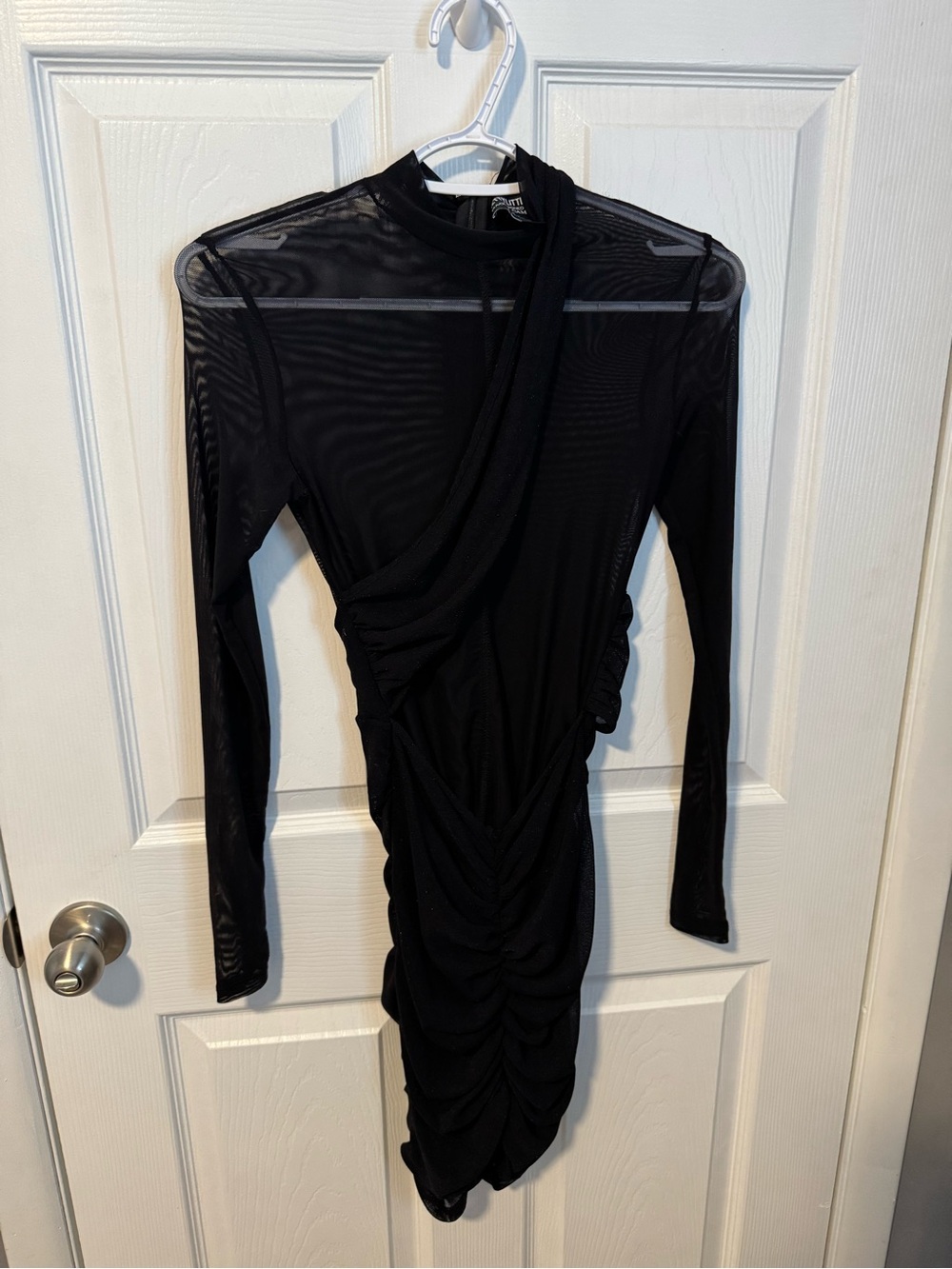 PrettyLittleThing Black Ruched Mesh Long Sleeve Dress